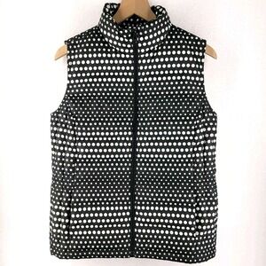 Talbots Down Puffer Vest Womens S Black White Polka Dot Quilted Full Zip Pockets